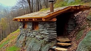 cabanya amb pedres i troncs a la muntanya