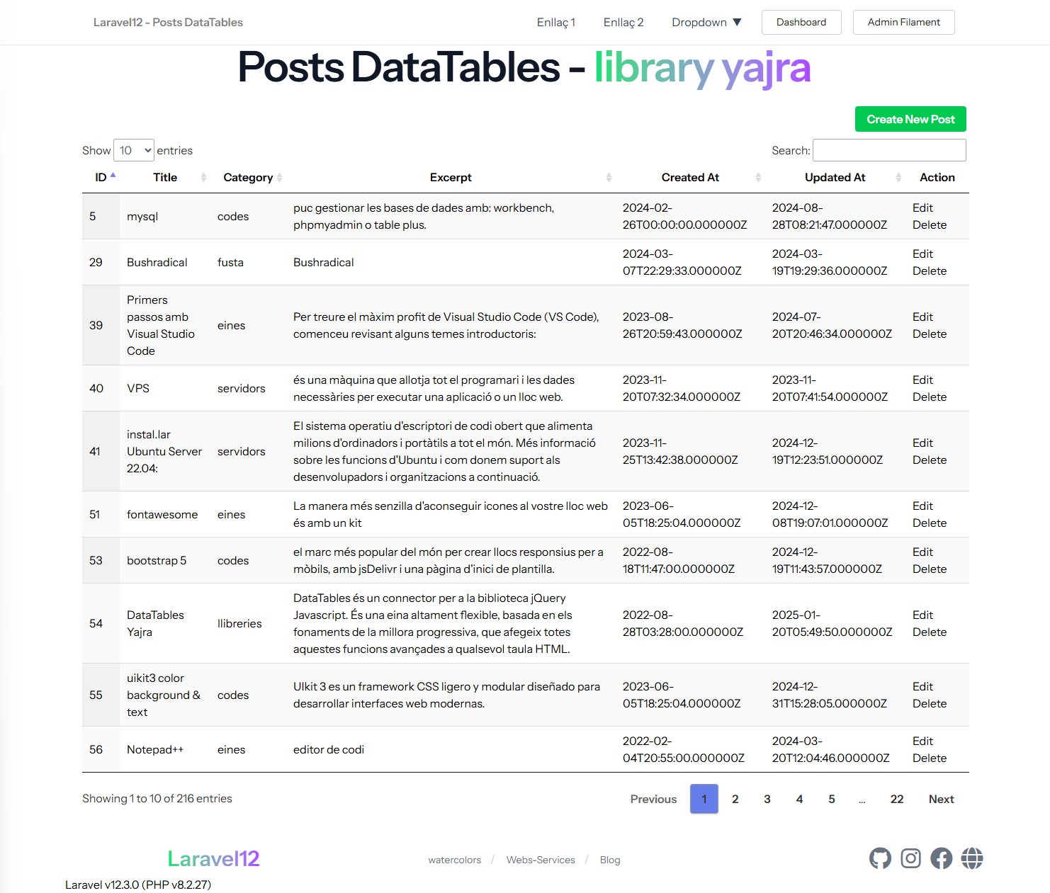 Pagina /yajra al projecte laravel12.test prova edicio bbdd